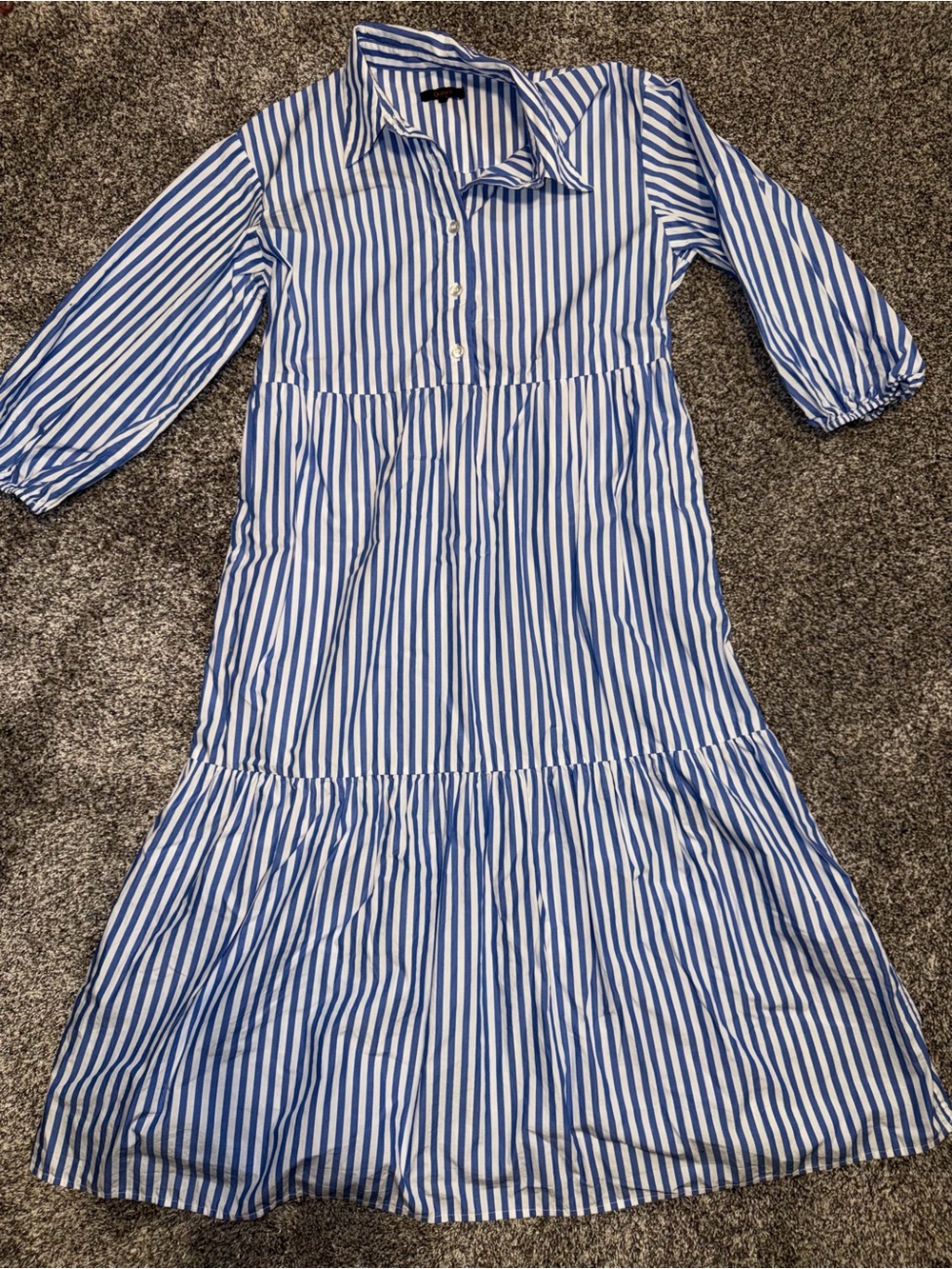 Quince Blue & White Vertical Stripe Tiered Shirt Dress